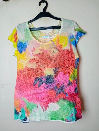 Ky Création XL Damen T-Shirt mit buntem Spitzenbesatz