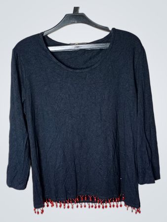 Ress Schwarzes Perlenbesetztes Saum Langarmtop