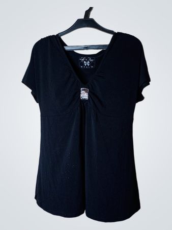 Lady in Paris Schwarzes Verziertes V-Ausschnitt T-Shirt