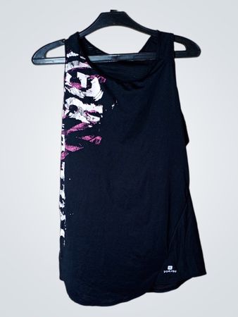 DOMYOS Schwarzes Tanktop mit pinkem und weißem Grafikdesign