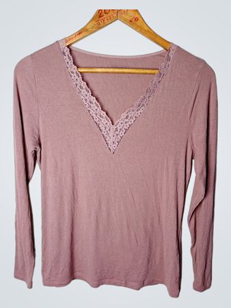 Damen Langarm-Top mit Spitzenbesatz und V-Ausschnitt