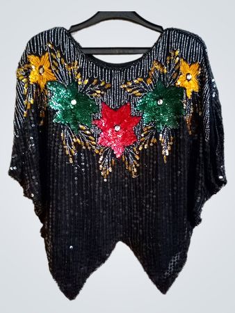 Schwarzes, mit Pailletten besetztes Kaftan-Oberteil mit floralem Schmuck