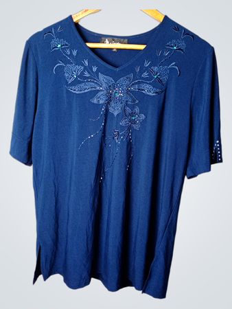 Jinshuni Damen Blau Verzierte Kurzarm-Oberteil Größe 56