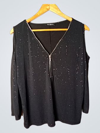 Miss Glammy Paris Black Sparkle Cold Shoulder Zip Front Top