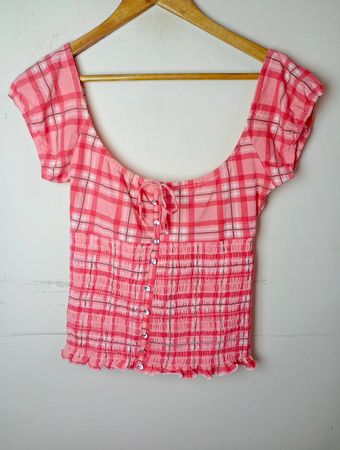 COLOURS OF THE WORLD Pink Plaid Smocked Off-Shoulder Top