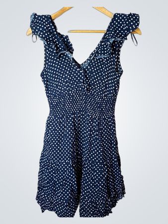Papaya navyblaues Kleid mit Polka-Dots und Rüschenausschnitt