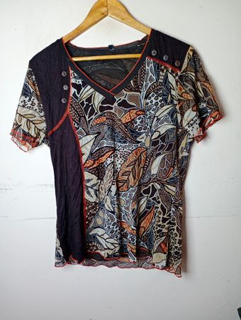 Sheer Leaf Print V-Neck Top