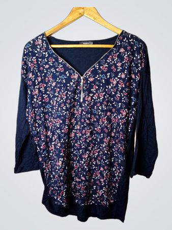 Yessica marineblaues Blumenmuster Reißverschluss V-Ausschnitt Top