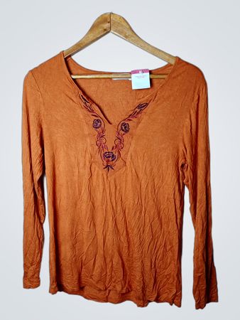Orange Langarm V-Ausschnitt Oberteil mit besticktem Detail