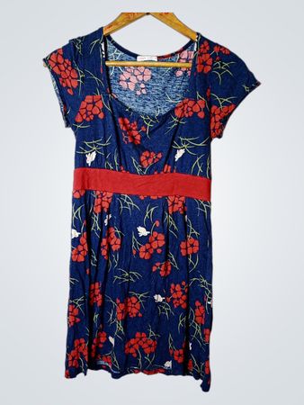 Blaues Blumenkleid mit rotem Bund