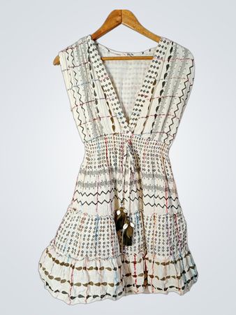 Sumitra White Printed V-Neck Mini Dress with Tassel Detail