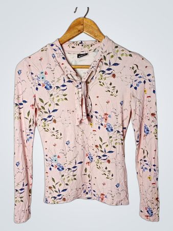 Ginatricot Pink Floral Print Long Sleeve Tie Neck Top XS