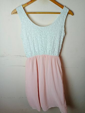 Light Blue Lace Top Pink Chiffon Dress