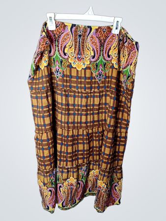 Brown Plaid Tiered Maxi Skirt with Paisley Print