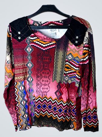 Afibel Damen Langarm Patchwork Druck Oberteil