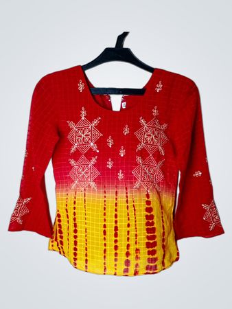 Red and Yellow Tie-Dye Embroidered Tunic Top