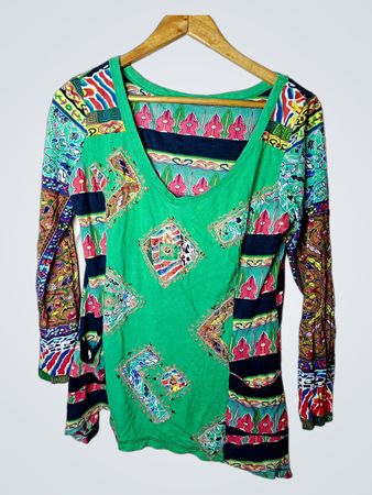 Langarm V-Ausschnitt Patchwork Druck Tunika