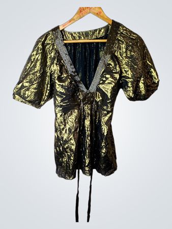 Gold Schwarzes Gecrinkeltes Puffärmel-Oberteil mit Verzierten Halsauschnitt