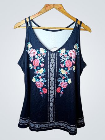 Schwarzes Tanktop mit floralem und geometrischem Druck