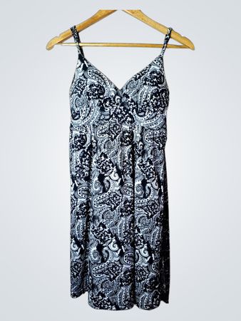 Schwarz-weißer Paisley-Print Spaghetti-Trägerkleid mit Größenschild S