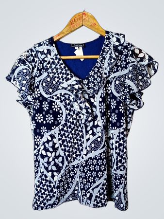 Leona Per Donna Damen Blau Floral Druck Rüschensleeve Top
