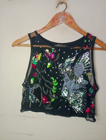 Zara Trafaluc Schwarzes Pailletten besticktes Netz-Crop-Top Frühjahr Sommer 2017