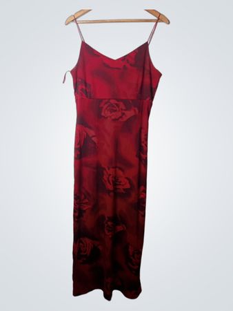 Rotes Rosenmuster Spaghetti-Träger Maxikleid