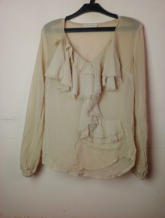 Oro Pagoda Damen Beige Rüschen Langarmbluse