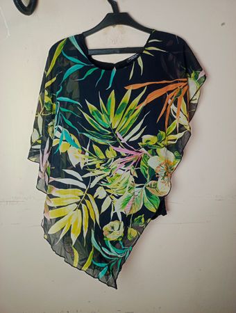 Frauen Schwarze Tropen-Print Transparente Kaftan-Bluse
