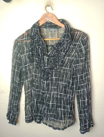 Phildar Damen Schwarz-Weiß Karierte Transparente Bluse mit Rüschendetail