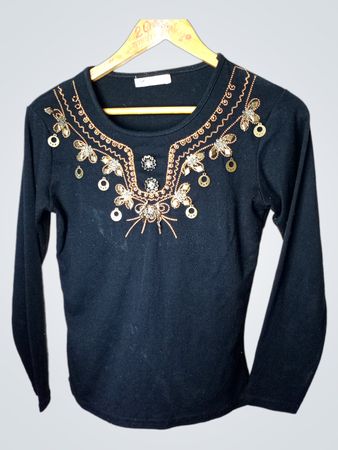 Vizifang Schwarzes Verziertes Langarmoberteil