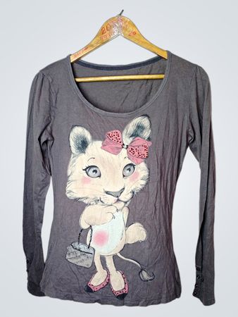 Graues langärmliges T-Shirt mit Cartoon-Löwen-Graphic