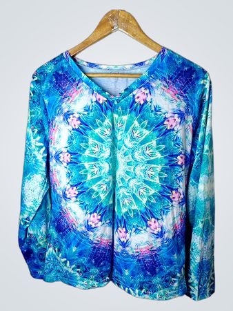 Langarm V-Ausschnitt Blau Batikdruck Shirt