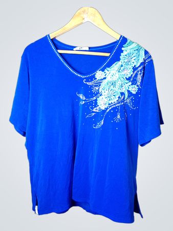 AGASY Blue Verziertes V-Ausschnitt T-Shirt