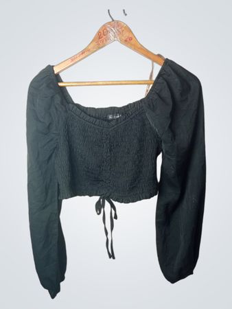 Schwarzes Smocked Raffung Crop-Top mit Zugband