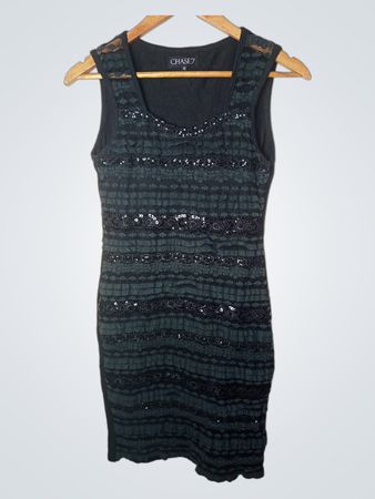 CHASE7 Schwarzes Pailletten-Spitzenbesatzkleid