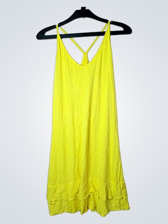 Gelbes Spaghetti-Trägerkleid mit Rüschensaum