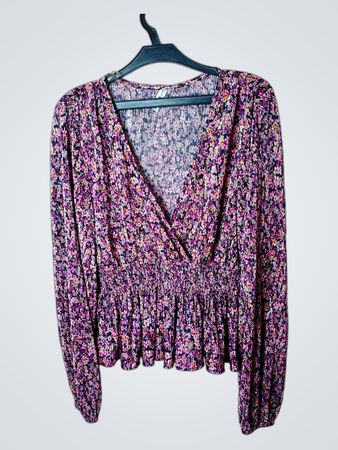 P.SISTER Floral Print V-Neck Long Sleeve Smocked Waist Peplum Bluse