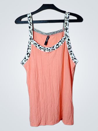 Page One Korallenfarbenes Rippen-Tanktop mit Leopardenmusterbesatz