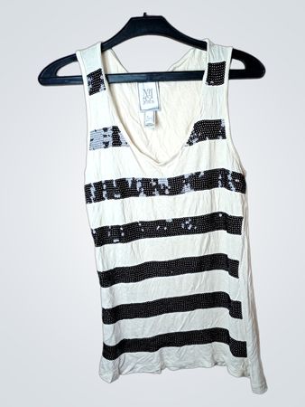 Weißes Tanktop mit schwarzen Streifen und Pailletten