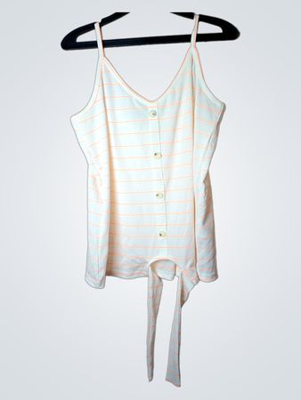 Janina Damen Weißes & Orangen Gestreiftes Tanktop mit Knopfleiste und Bindeband
