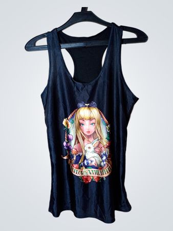Schwarzes Tanktop mit Anime-Grafik und Kaninchen