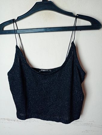 FB Sister Schwarzes Glitzerndes Spaghetti-Träger Crop Top