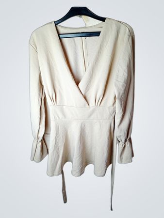 Beige V-Ausschnitt Peplum-Top mit elastischem Taillenbund und gekrempelten Ärmeln