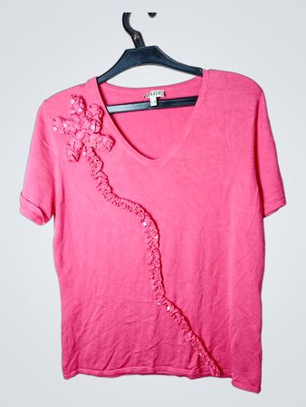 VERAUD Pink Verziertes V-Ausschnitt T-Shirt