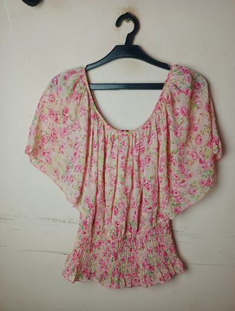 Rosa Blumendruck Off-Shoulder-Bluse mit gerafftem Bund