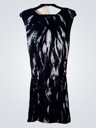Karen Millen Schwarzes Federdruck Raffung Ärmelloses Kleid