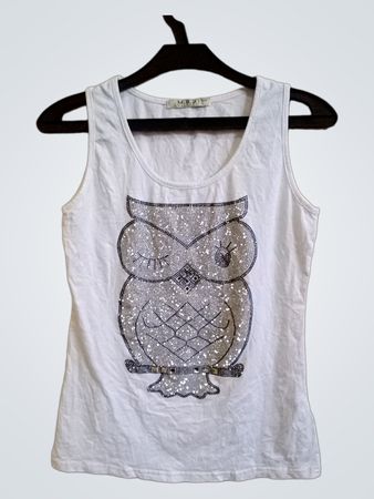 Weißes Tanktop mit Strass-Eule Grafik