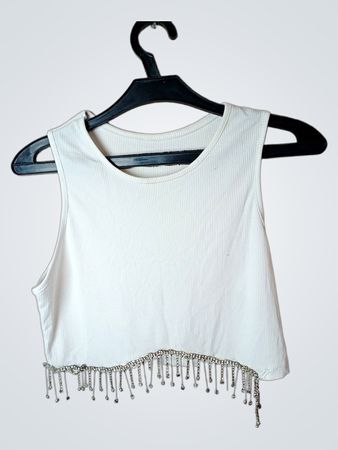 L&S Weißes Ripp-Top mit Perlenbesatz