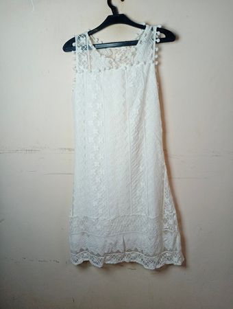 White Lace Dress with Pom Pom Trim